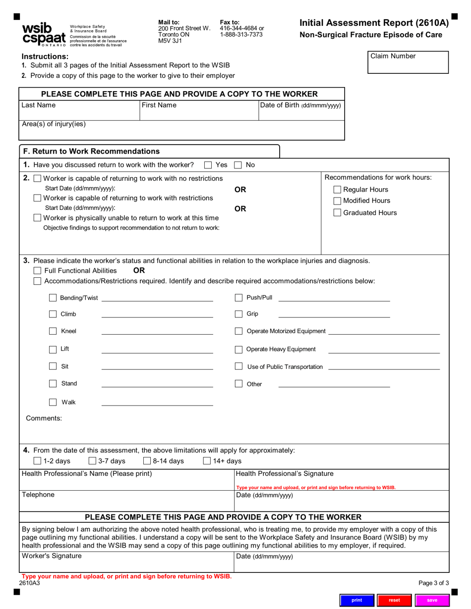 Form 2610A Initial Assessment Report - Non-surgical Fracture Episode of Care - Ontario, Canada, Page 3