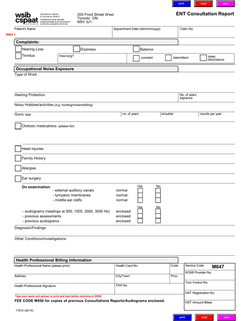 Form 1787A Ent Consultation Report - Ontario, Canada