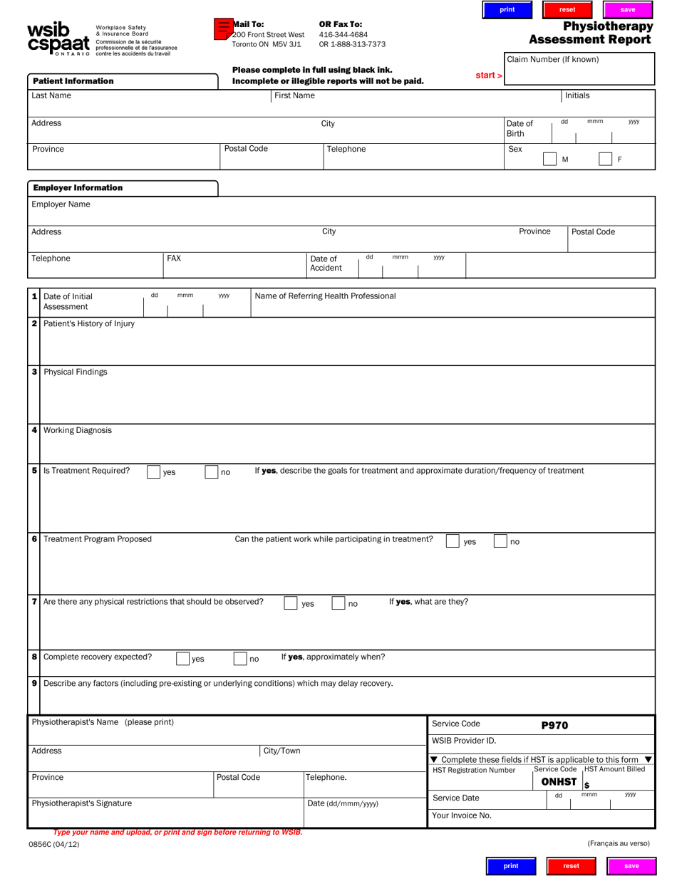 Form 0856C Physiotherapy Assessment Report - Ontario, Canada, Page 1