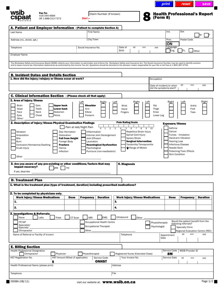 Form 8 (0008A) Health Professionals Report - Ontario, Canada, Page 2
