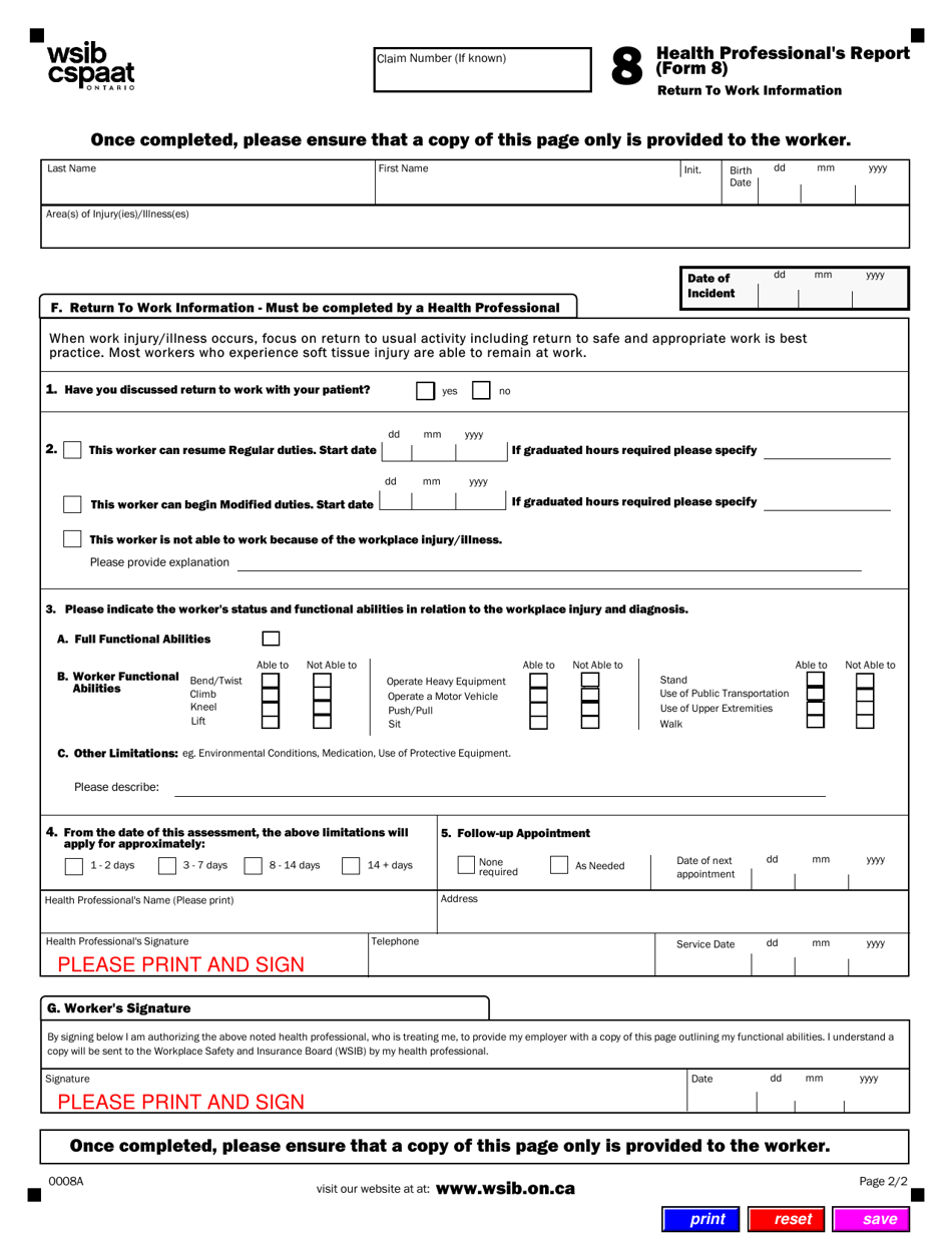 Form 8 (0008A) Health Professionals Report - Ontario, Canada, Page 3