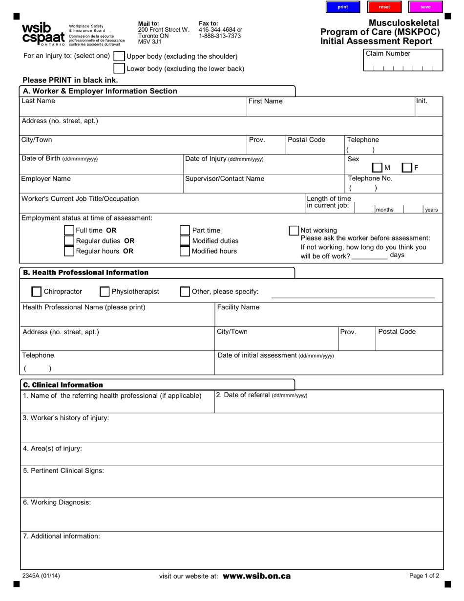 Form 2345A Musculoskeletal Program of Care (Mskpoc) Initial Assessment Report - Ontario, Canada, Page 1