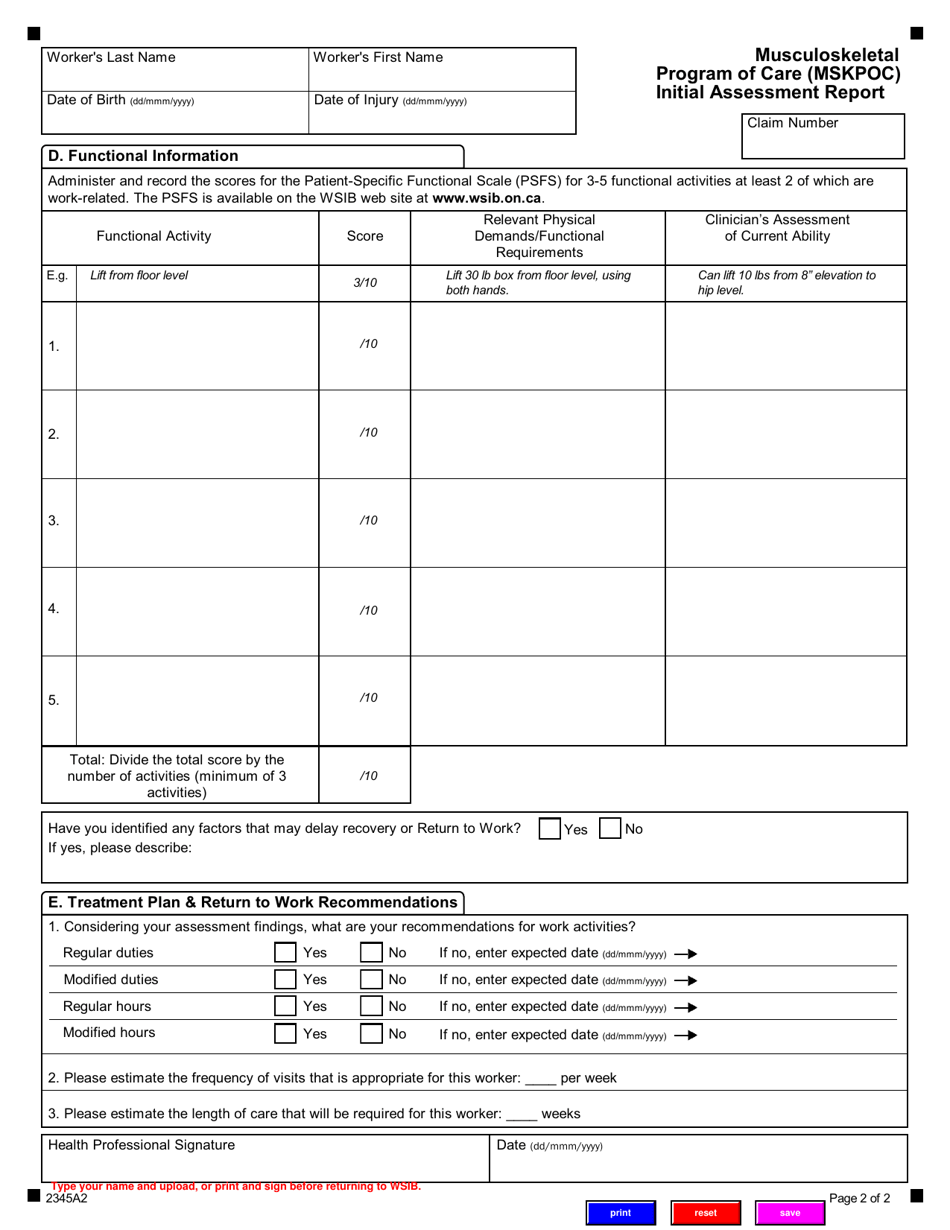 Form 2345A Musculoskeletal Program of Care (Mskpoc) Initial Assessment Report - Ontario, Canada, Page 2
