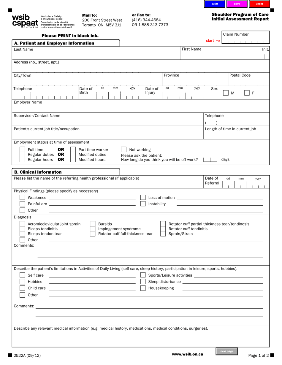 Form 2522A Shoulder Program of Care Initial Assessment Report - Ontario, Canada, Page 1