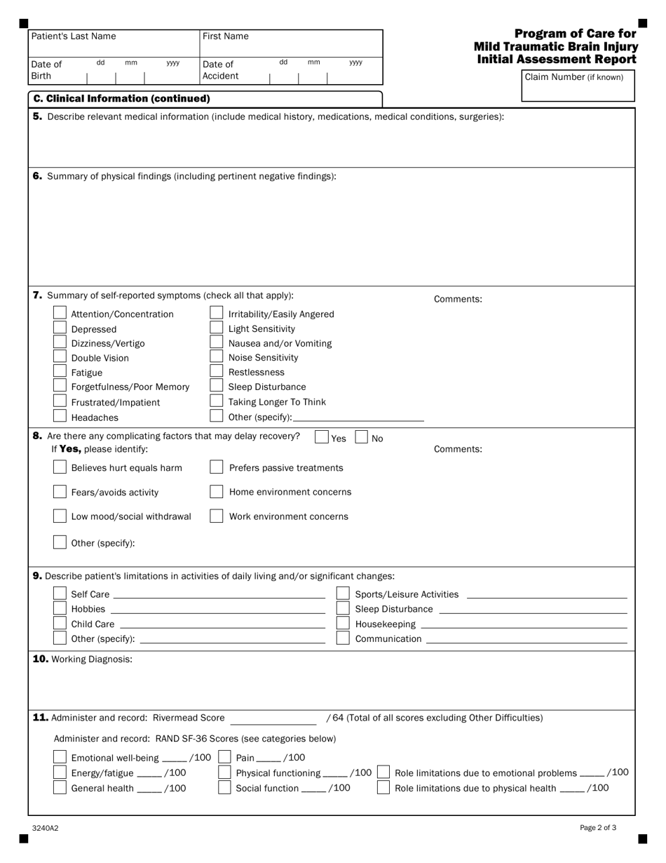 Form 3240A Program of Care for Mild Traumatic Brain Injury Initial Assessment Report - Ontario, Canada, Page 2