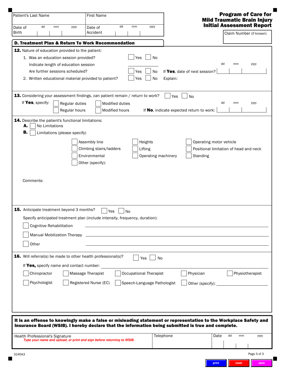 Form 3240A Program of Care for Mild Traumatic Brain Injury Initial Assessment Report - Ontario, Canada, Page 3