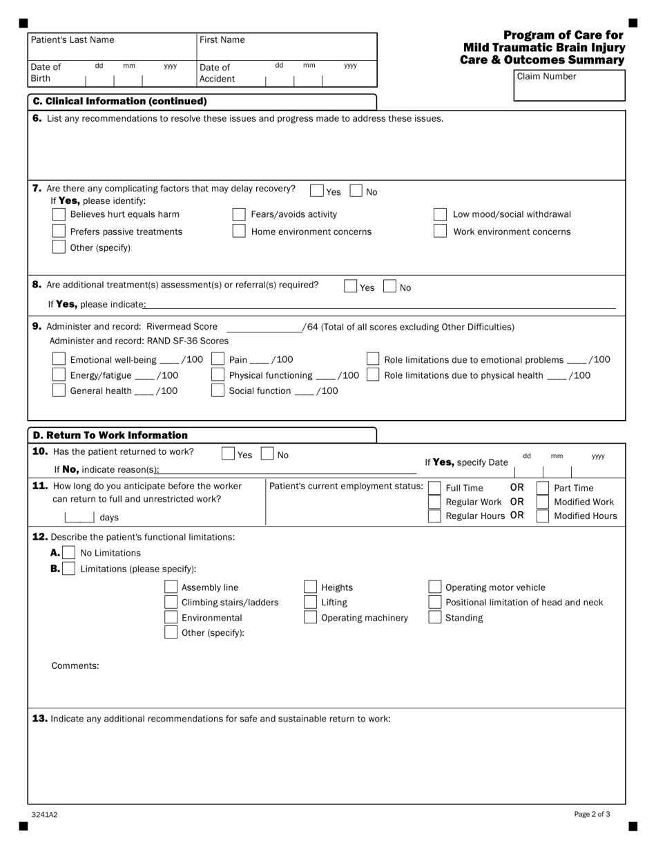 Form 3241A Program of Care for Mild Traumatic Brain Injury Care  Outcomes Summary - Ontario, Canada, Page 2