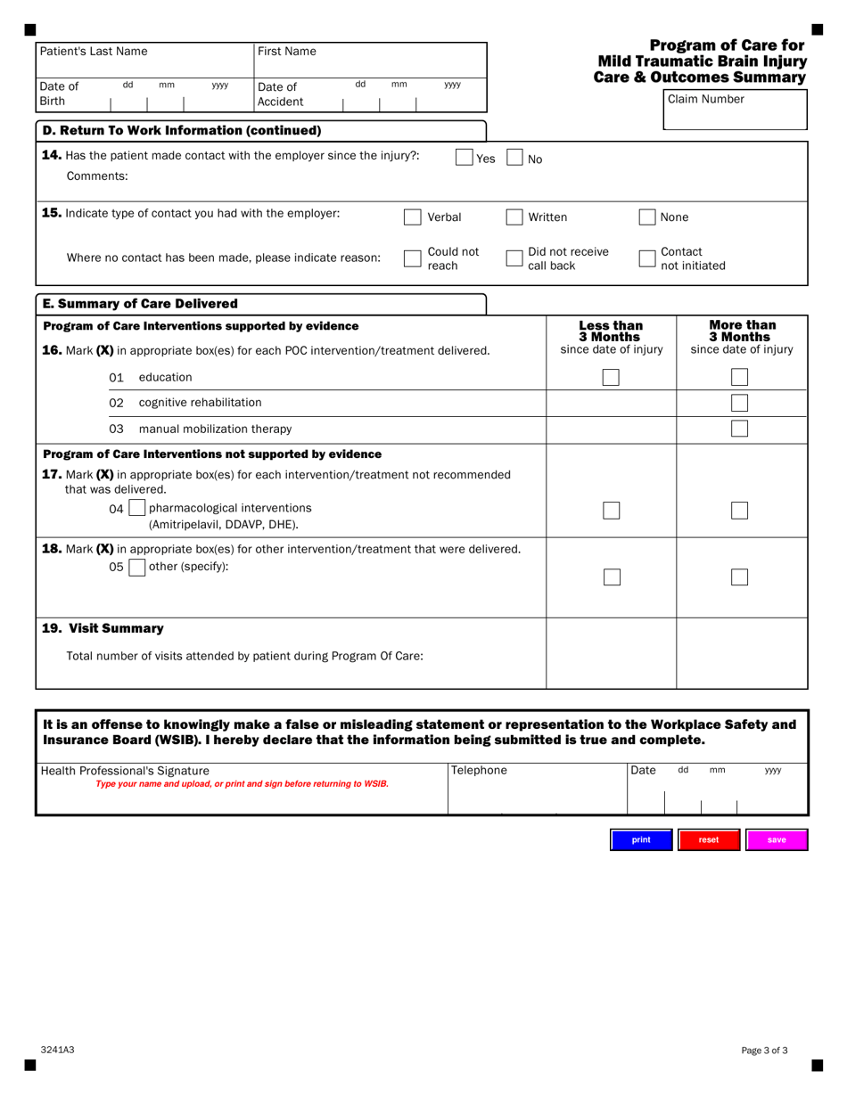 Form 3241A Program of Care for Mild Traumatic Brain Injury Care  Outcomes Summary - Ontario, Canada, Page 3