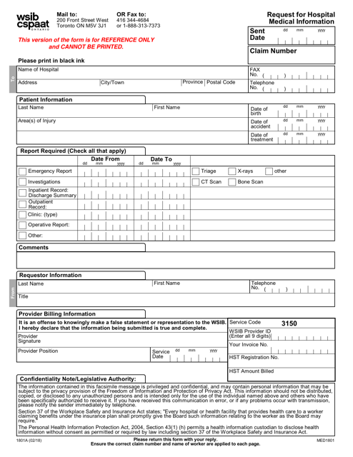 Form 1801A Request for Hospital Medical Information - Ontario, Canada