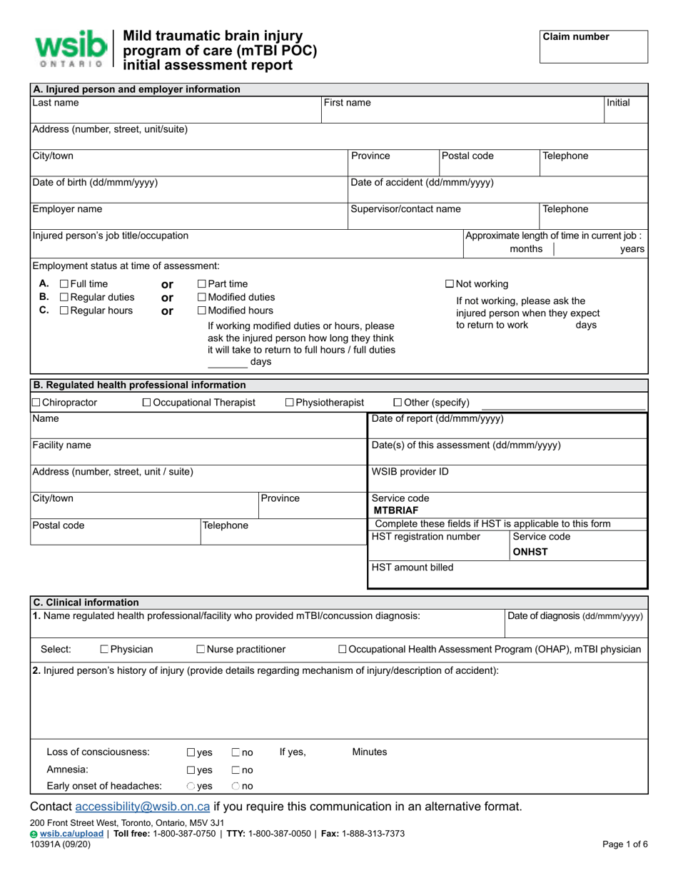Form 10391A Mild Traumatic Brain Injury Program of Care (Mtbi Poc) Initial Assessment Report - Ontario, Canada, Page 1