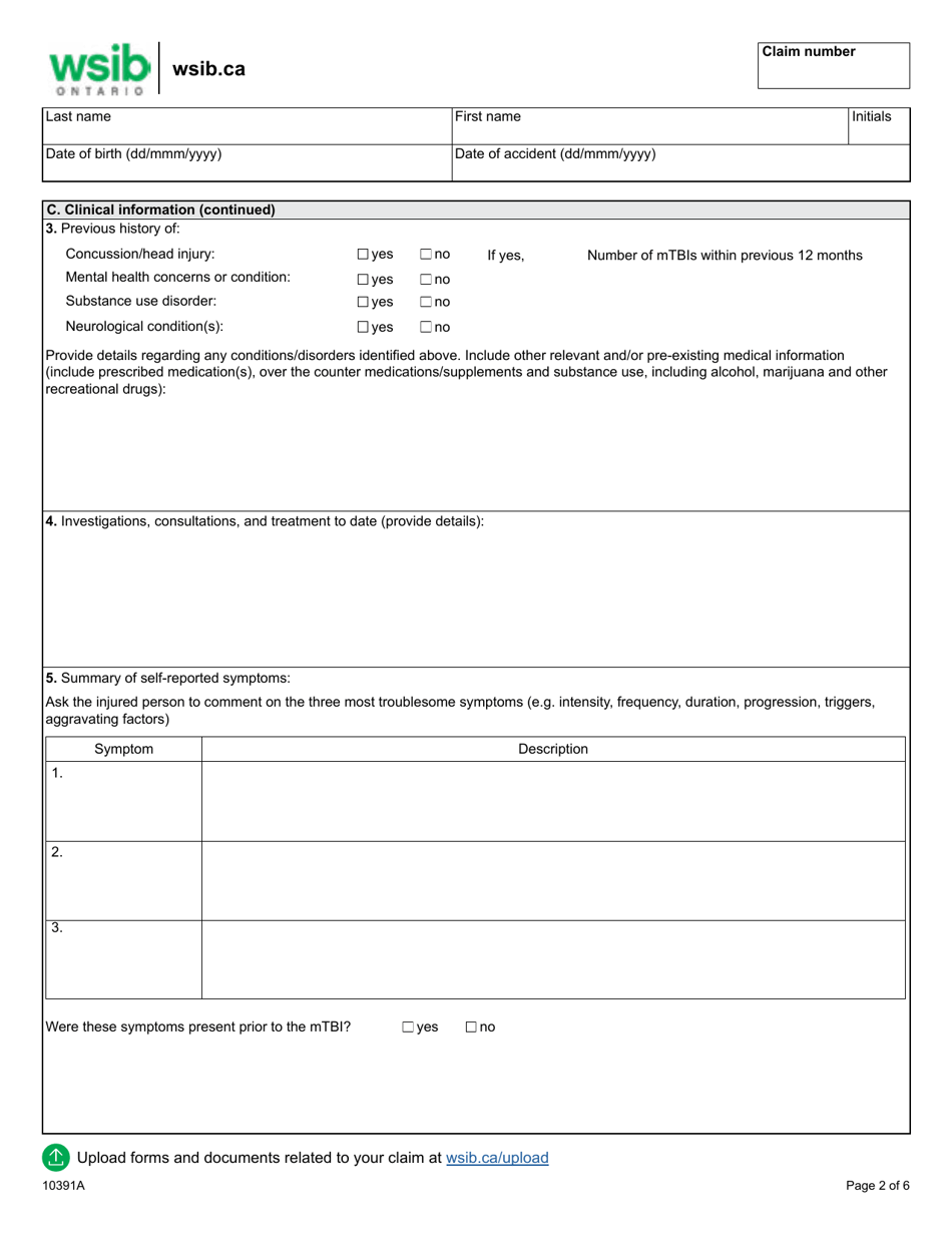 Form 10391A Mild Traumatic Brain Injury Program of Care (Mtbi Poc) Initial Assessment Report - Ontario, Canada, Page 2