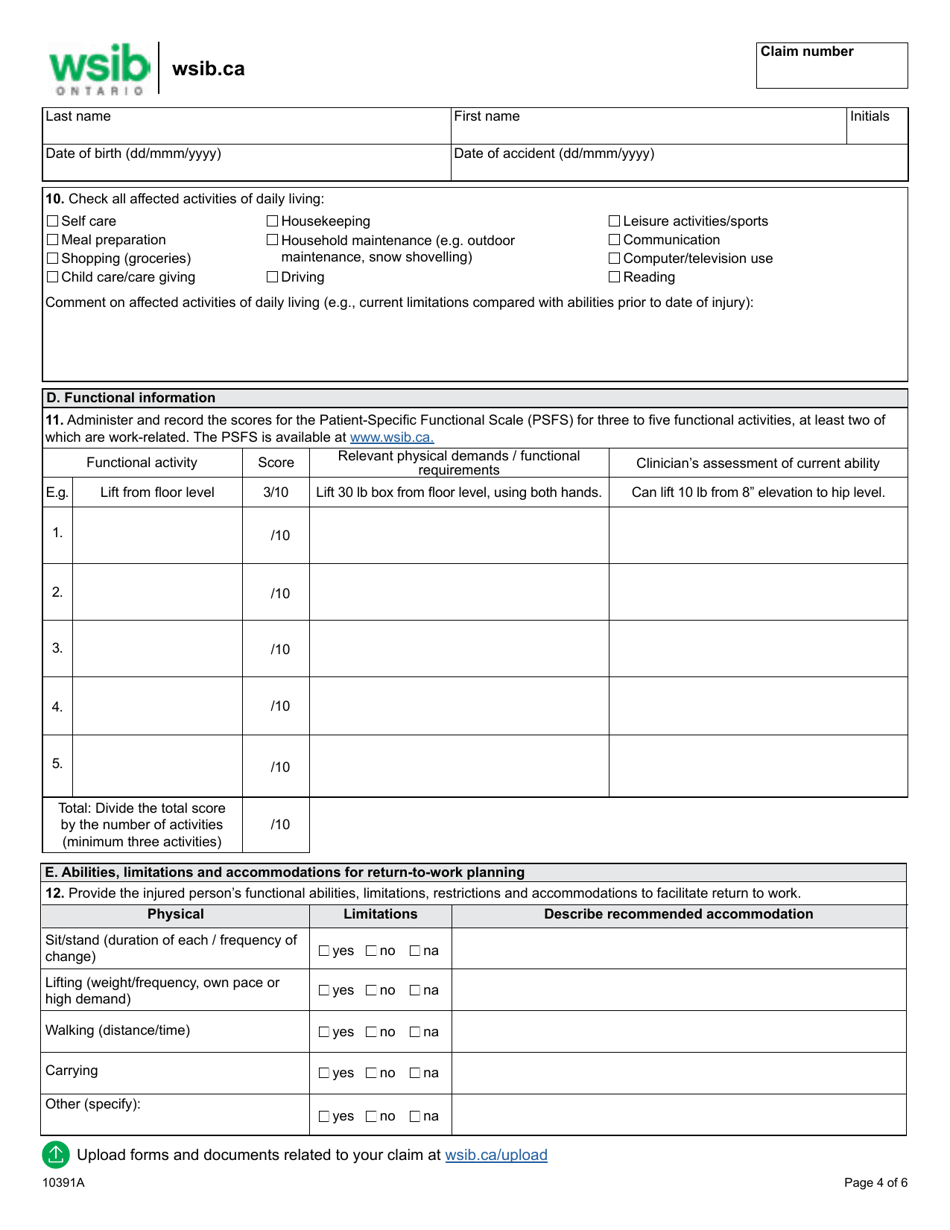 Form 10391A Mild Traumatic Brain Injury Program of Care (Mtbi Poc) Initial Assessment Report - Ontario, Canada, Page 4
