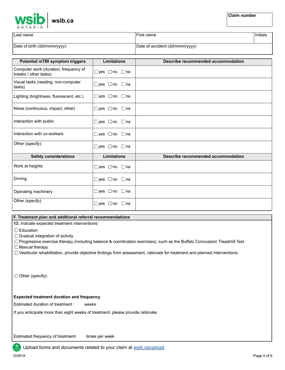 Form 10391A Mild Traumatic Brain Injury Program of Care (Mtbi Poc) Initial Assessment Report - Ontario, Canada, Page 5
