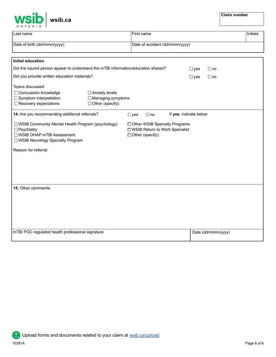 Form 10391A Mild Traumatic Brain Injury Program of Care (Mtbi Poc) Initial Assessment Report - Ontario, Canada, Page 6