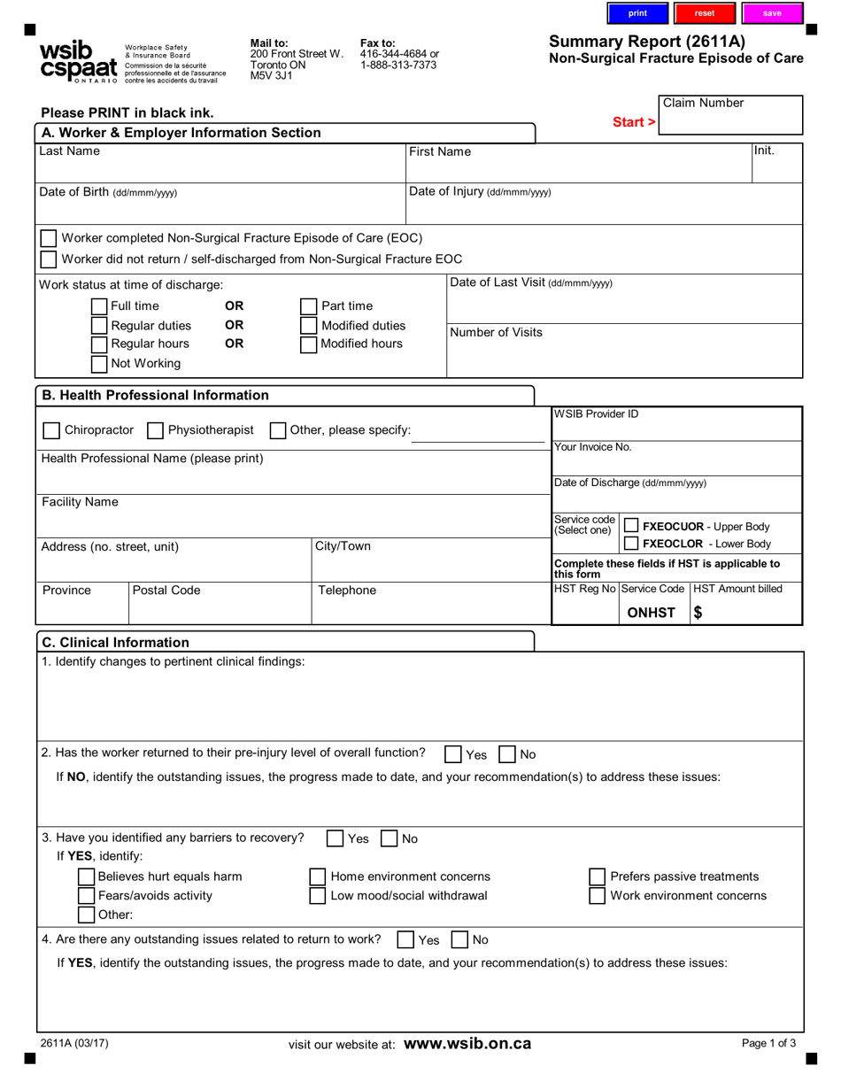 Form 2611A Summary Report - Non-surgical Fracture Episode of Care - Ontario, Canada, Page 1