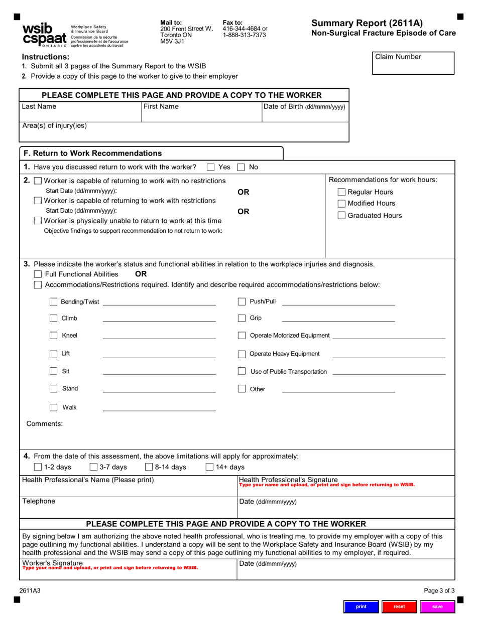 Form 2611A Summary Report - Non-surgical Fracture Episode of Care - Ontario, Canada, Page 3