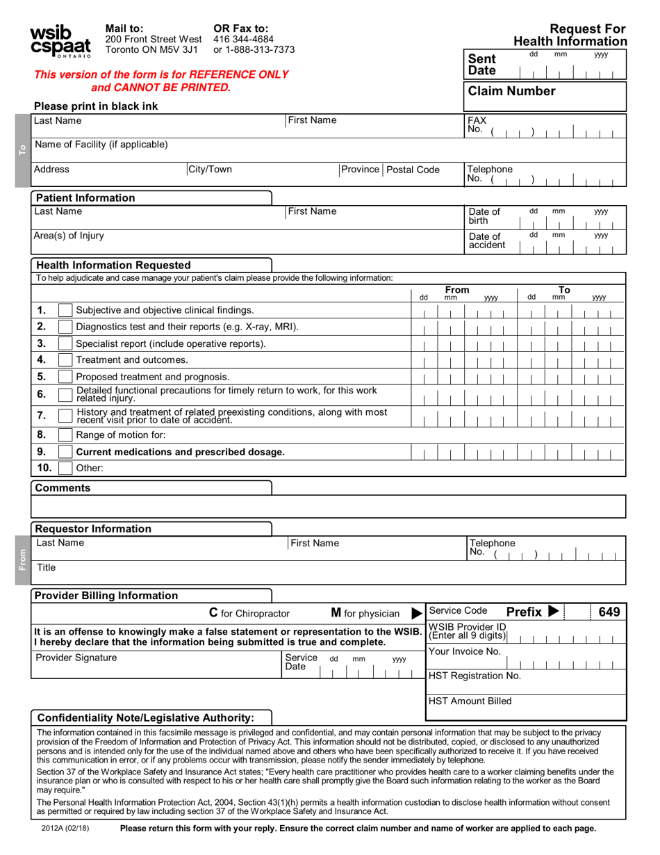 Form 2012A Request for Health Information - Ontario, Canada, Page 1