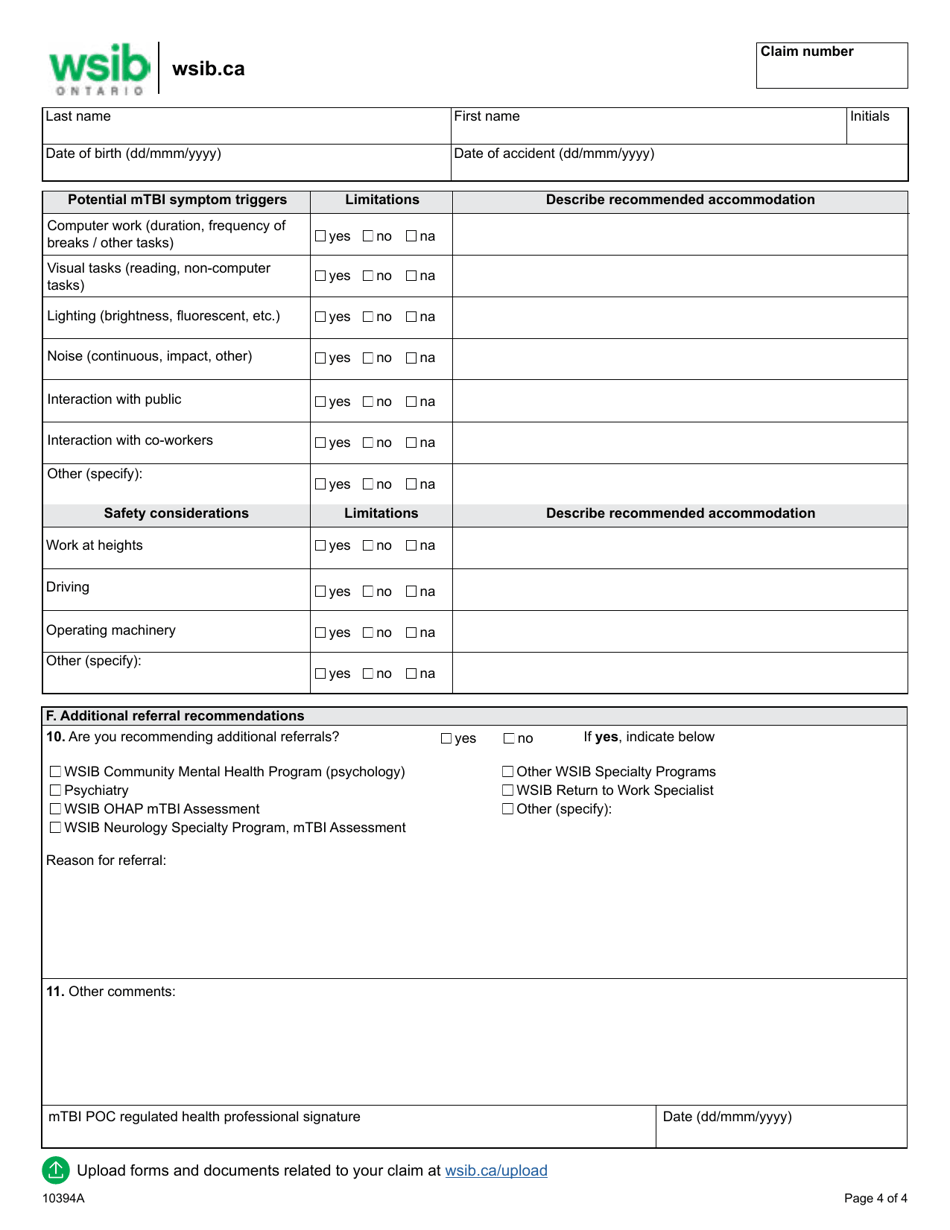 Form 10394A Mild Traumatic Brain Injury Program of Care (Mtbi Poc) Supplementary Report - Ontario, Canada, Page 4