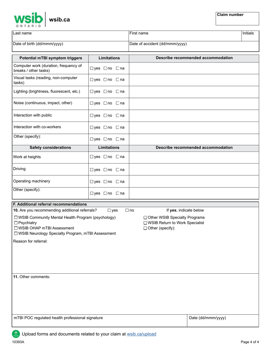 Form 10393A Mild Traumatic Brain Injury Program of Care (Mtbi Poc) Care  Outcome Summary - Ontario, Canada, Page 4