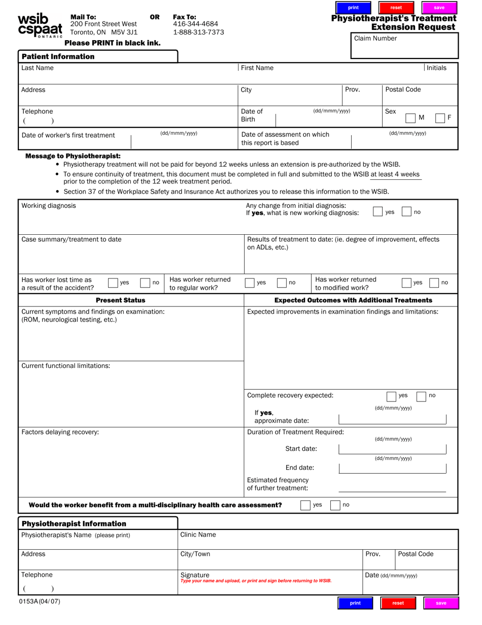 Form 0153A Physiotherapists Treatment Extension Request - Ontario, Canada, Page 1