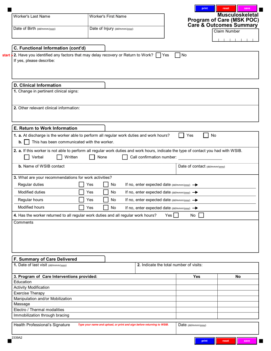 Form 2339A Musculoskeletal Program of Care (Msk Poc) Care  Outcomes Summary - Ontario, Canada, Page 2