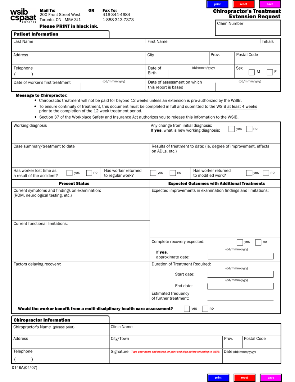 Form 0148A Chiropractors Treatment Extension Request - Ontario, Canada, Page 1