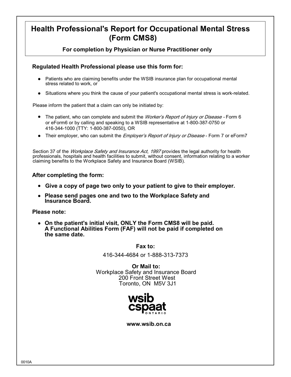 Form CMS8 (0010A) Health Professionals Report for Occupational Mental Stress - Ontario, Canada, Page 1