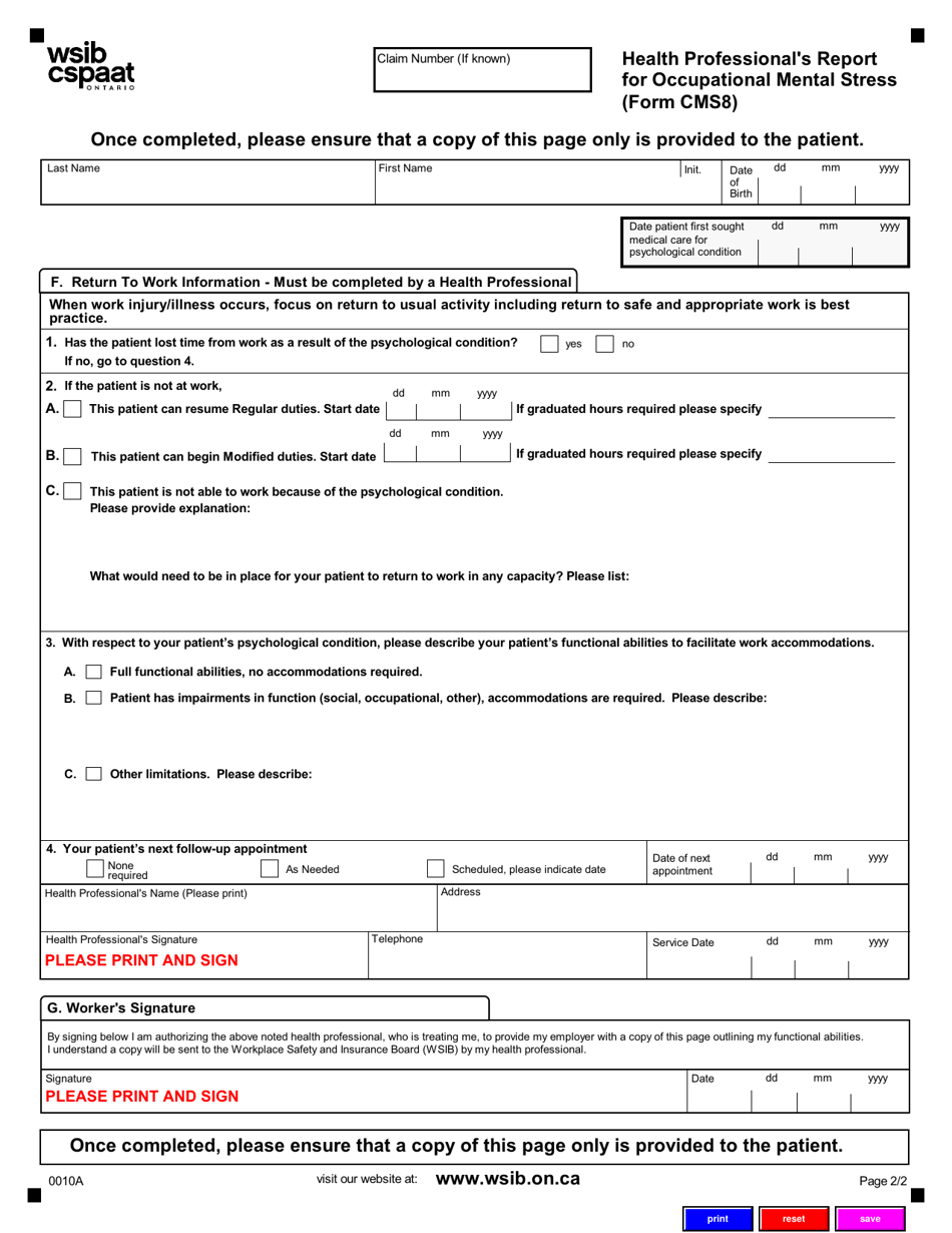 Form CMS8 (0010A) Health Professionals Report for Occupational Mental Stress - Ontario, Canada, Page 3
