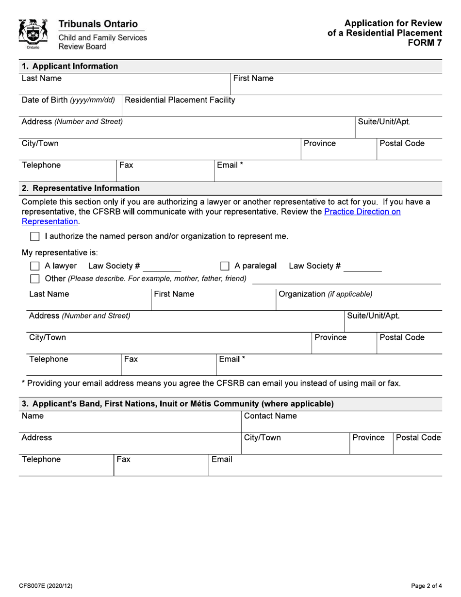 Form 7 (CFS007E) Application for Review of a Residential Placement - Ontario, Canada, Page 2