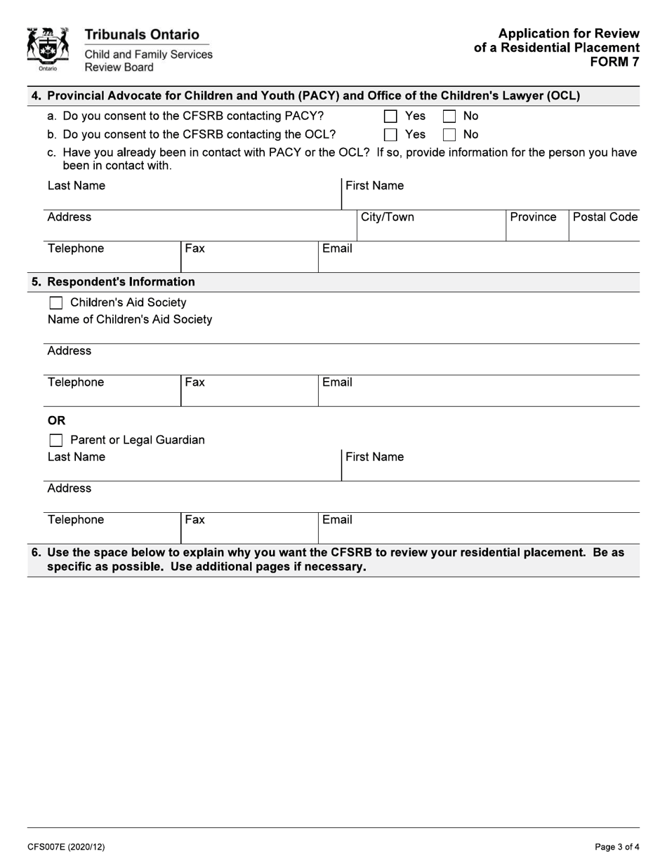 Form 7 (CFS007E) Application for Review of a Residential Placement - Ontario, Canada, Page 3
