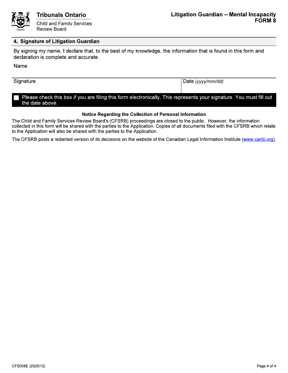 Form 8 Litigation Guardian - Mental Incapacity - Ontario, Canada, Page 4