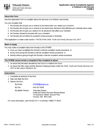 Document preview: Form 2 (CFS002E) Application About Complaints Against a Children's Aid Society - Ontario, Canada