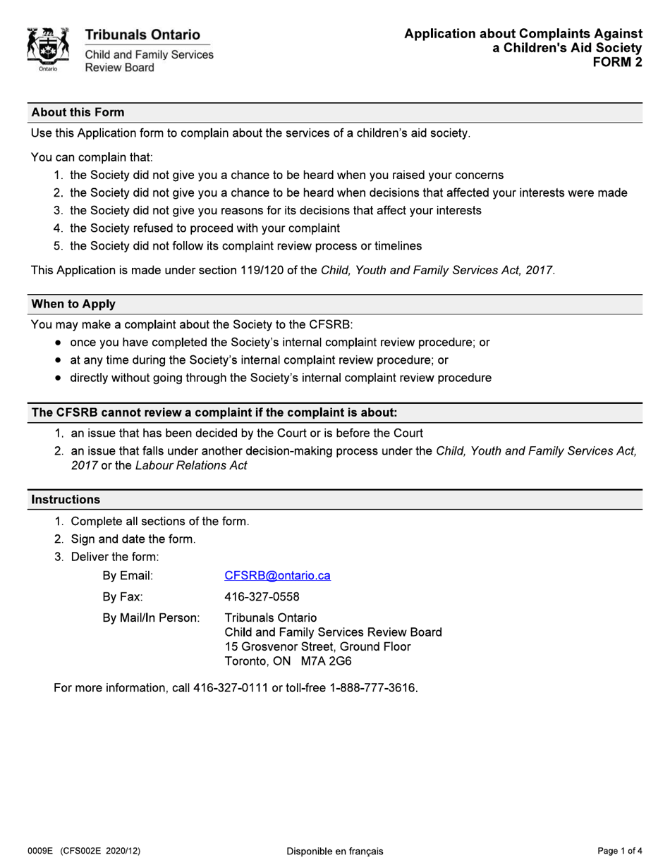 Form 2 (CFS002E) Application About Complaints Against a Childrens Aid Society - Ontario, Canada, Page 1