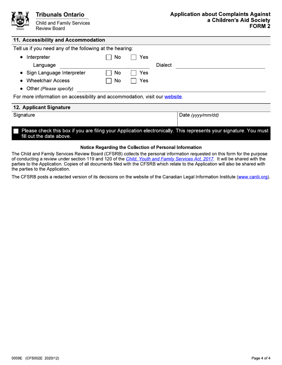 Form 2 (CFS002E) Application About Complaints Against a Childrens Aid Society - Ontario, Canada, Page 4