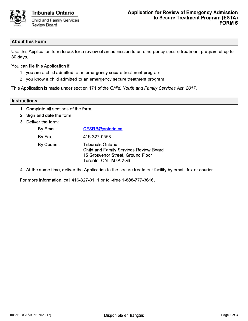 Form 5 (CFS005E) Application for Review of Emergency Admission to Secure Treatment Program (Esta) - Ontario, Canada, Page 1