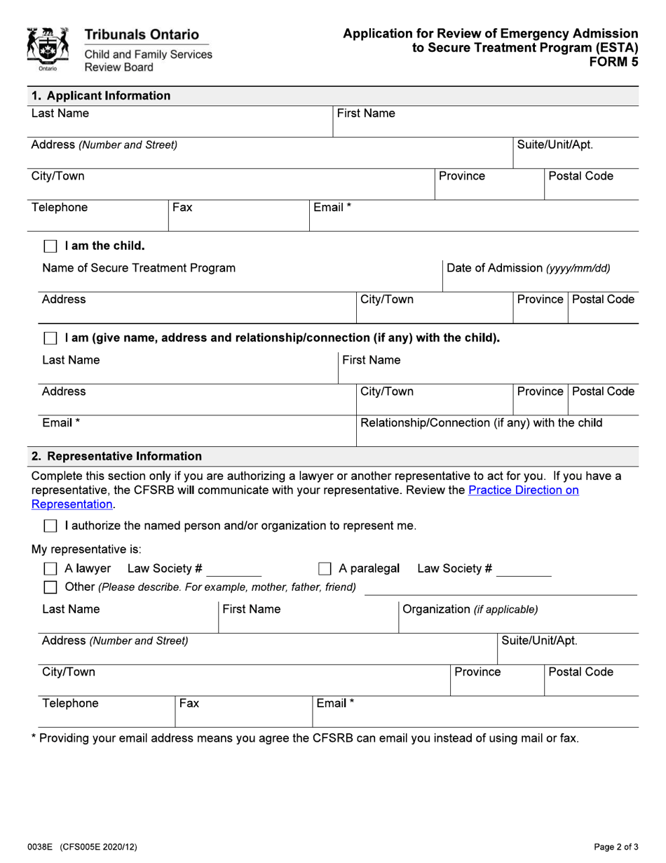 Form 5 (CFS005E) Application for Review of Emergency Admission to Secure Treatment Program (Esta) - Ontario, Canada, Page 2