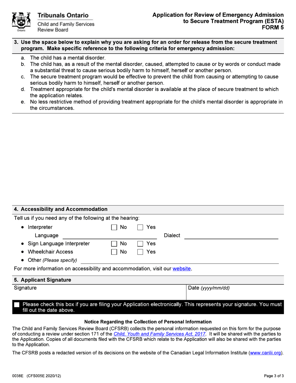 Form 5 (CFS005E) Application for Review of Emergency Admission to Secure Treatment Program (Esta) - Ontario, Canada, Page 3