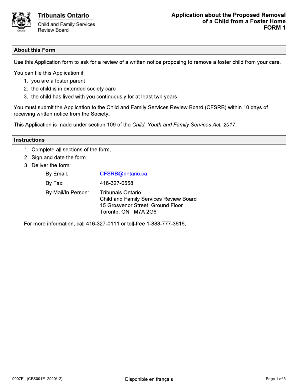 Form 1 (CFS001E) Application About the Proposed Removal of a Child From a Foster Home - Ontario, Canada, Page 1