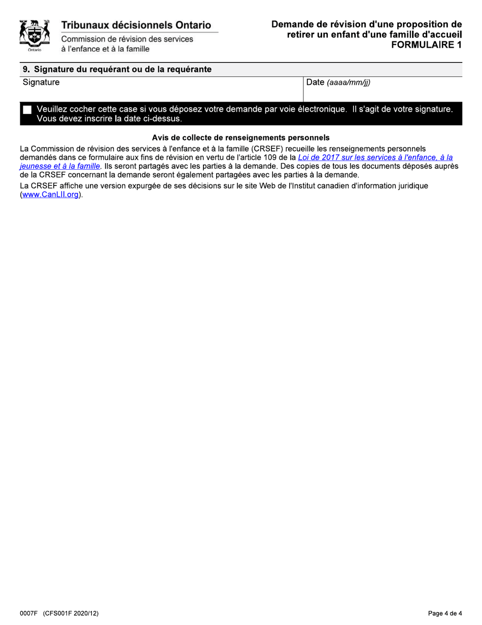Forme 1 (CFS001F) Demande De Revision Dune Proposition De Retirer Un Enfant Dune Famille Daccueil - Ontario, Canada (French), Page 4