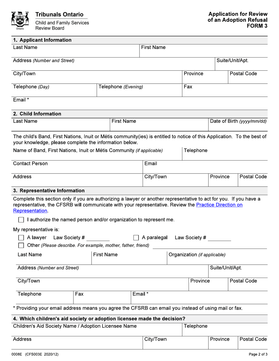 Form 3 (CFS003E) Application for Review of an Adoption Refusal - Ontario, Canada, Page 2