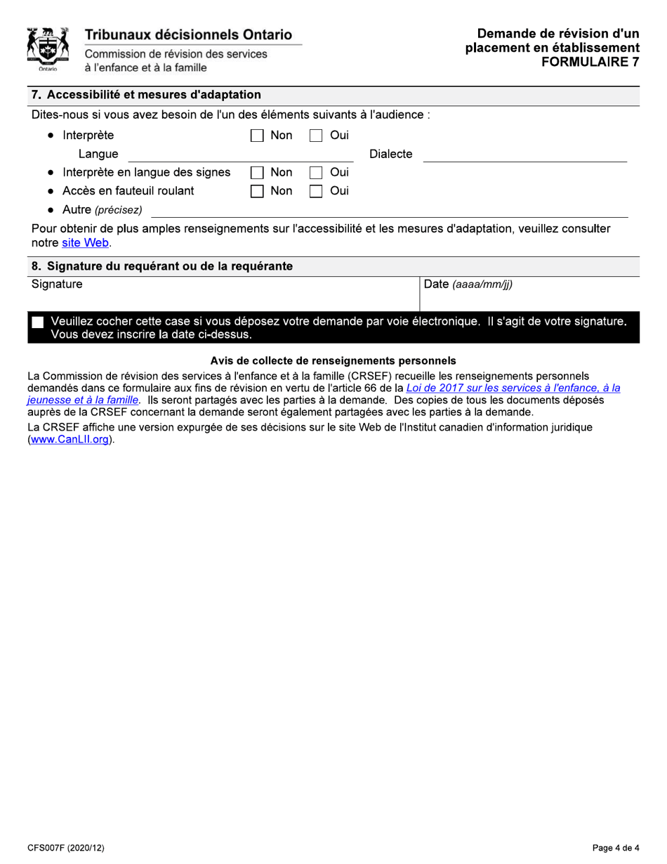 Forme 7 (CFS007F) Demande De Revision Dun Placement En Etablissement - Ontario, Canada (French), Page 4