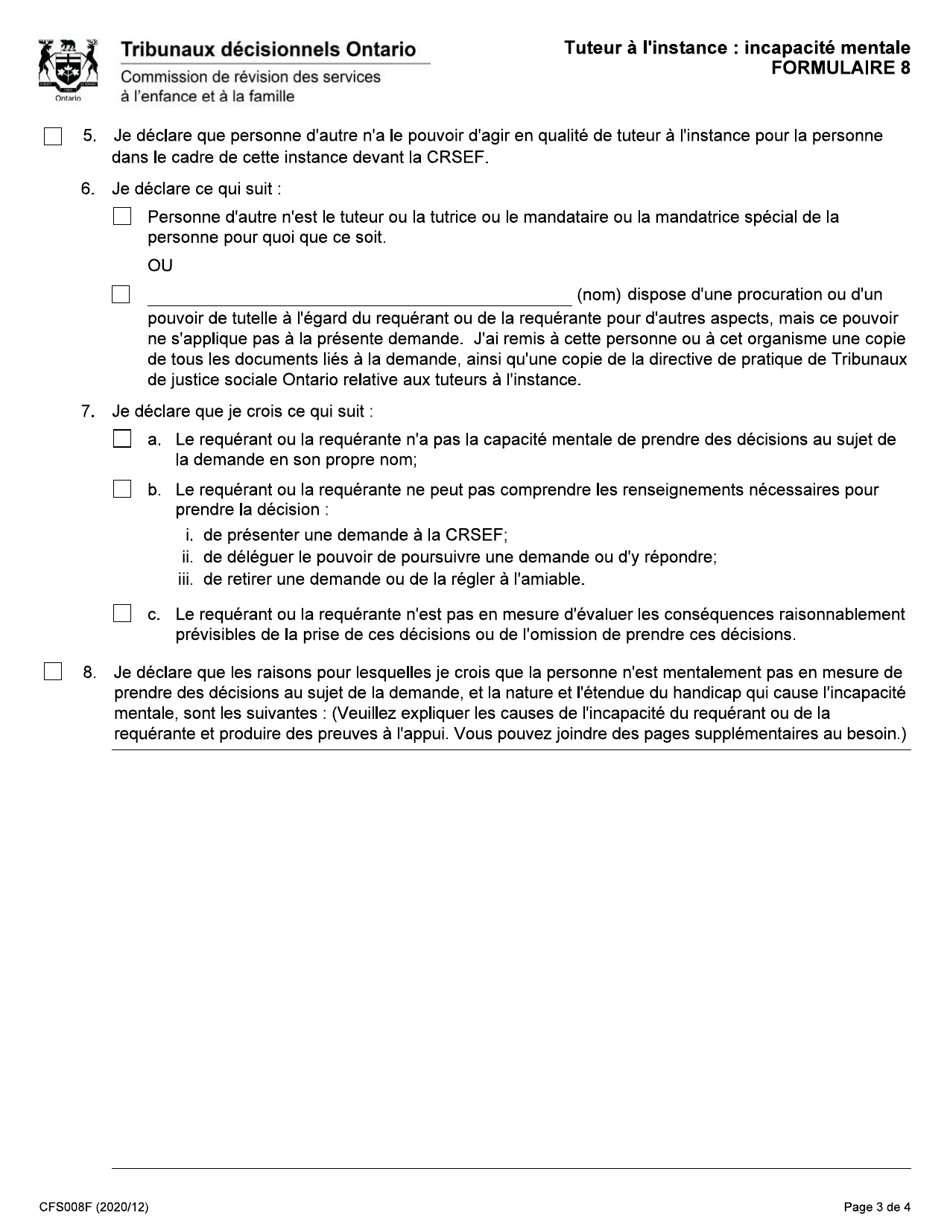 Forme 8 (CFS008F) Tuteur a Linstance - Incapacite Mentale - Ontario, Canada (French), Page 3