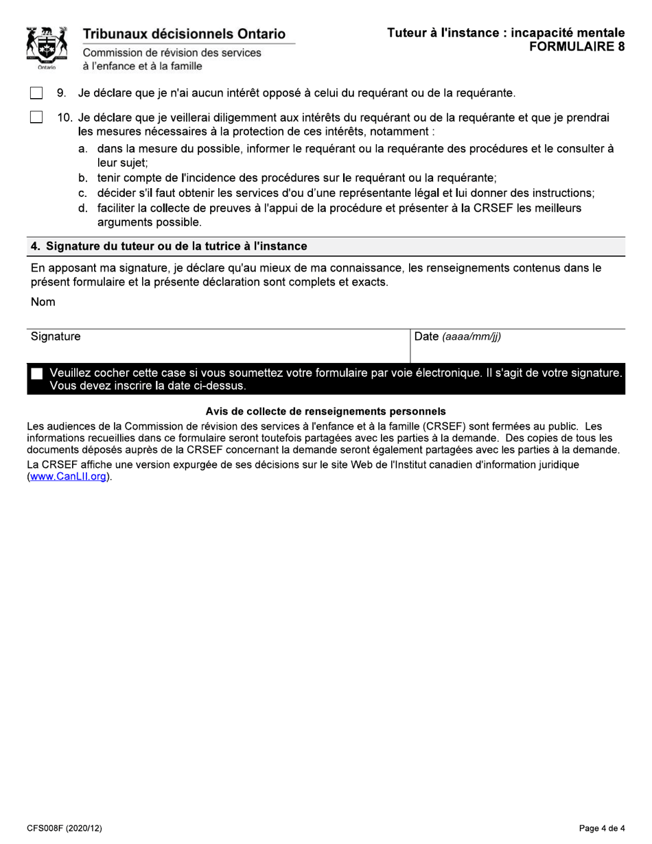 Forme 8 (CFS008F) Tuteur a Linstance - Incapacite Mentale - Ontario, Canada (French), Page 4