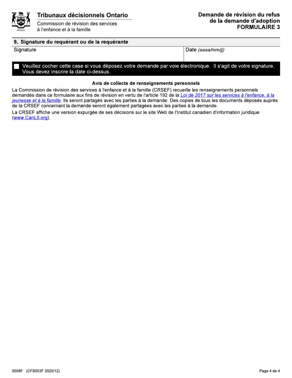 Forme 3 (CFS003F) Demande De Revision Du Refus De La Demande Dadoption - Ontario, Canada (French), Page 4