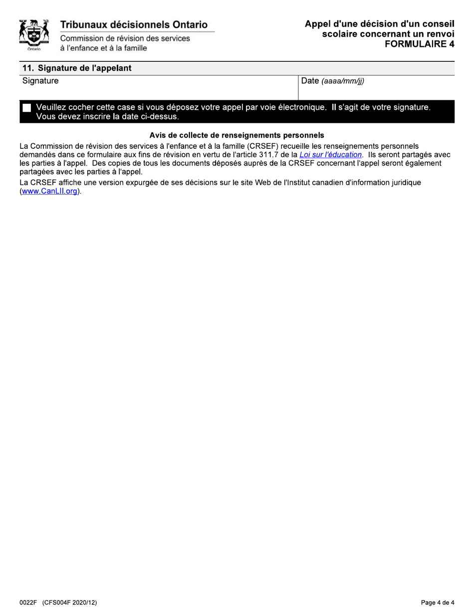 Forme 4 (CFS004F) Appel Dune Decision Dun Conseil Scolaire Concernant Un Renvoi - Ontario, Canada (French), Page 4