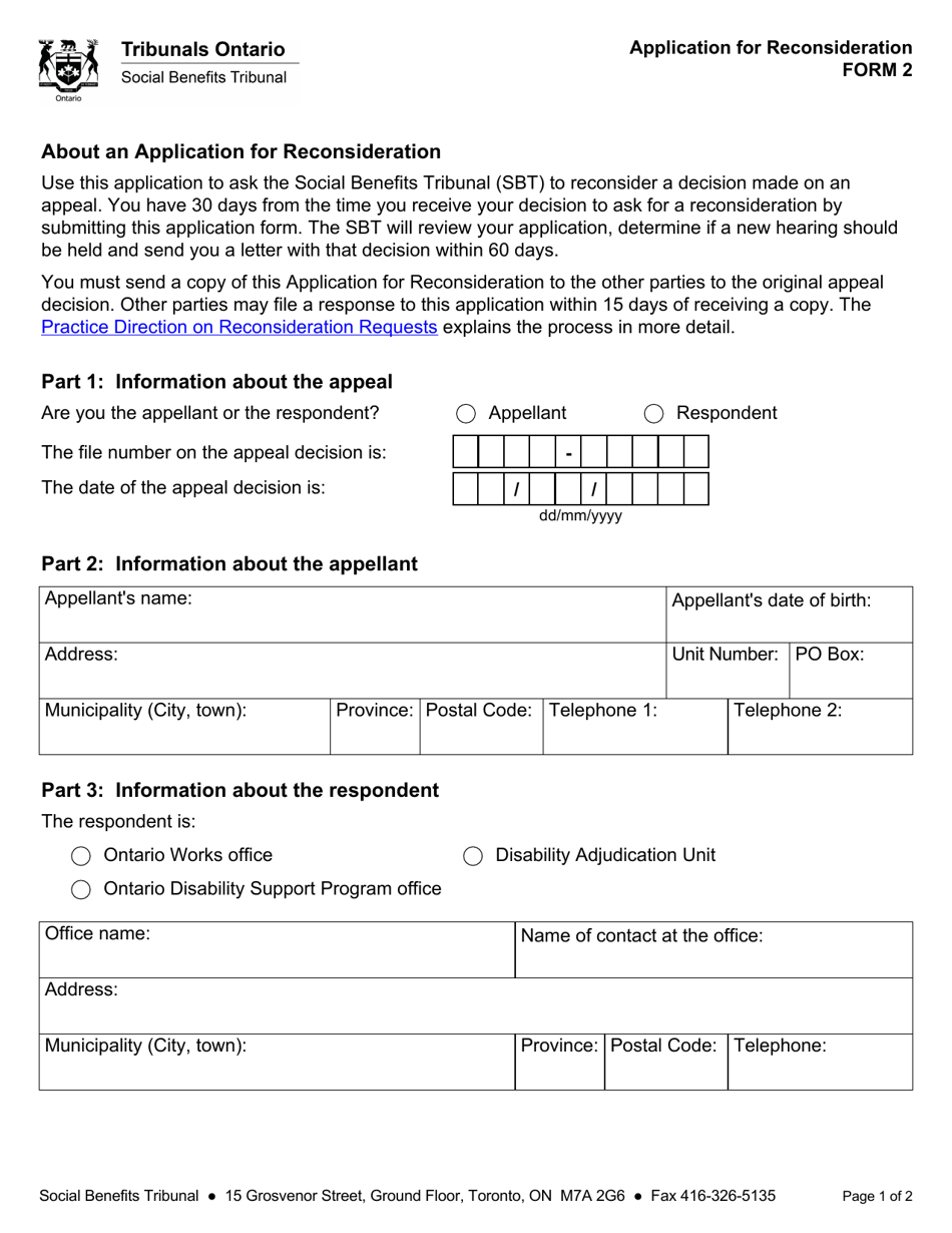 Form 2 Application for Reconsideration - Ontario, Canada, Page 1
