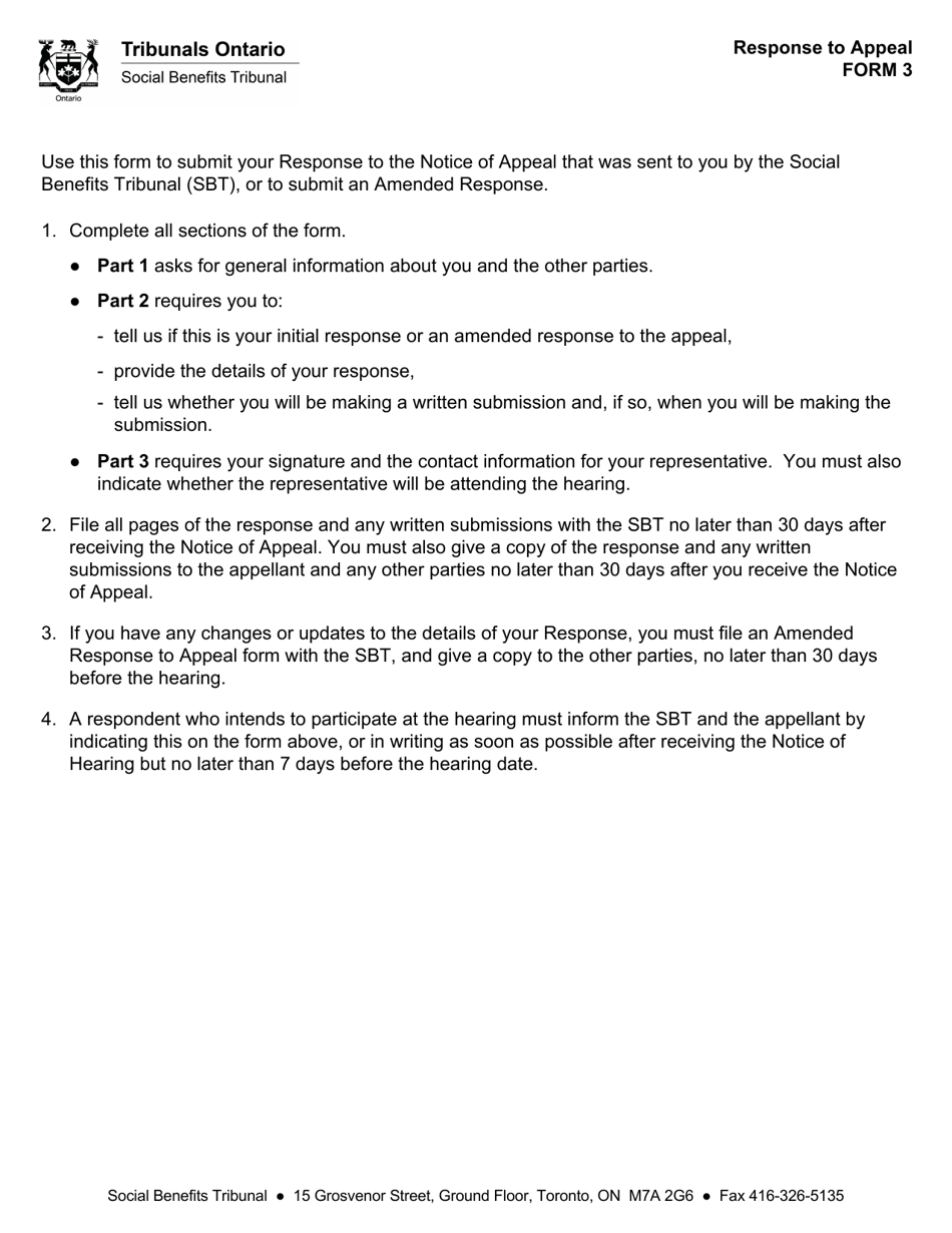 Form 3 Response to Appeal - Ontario, Canada, Page 1