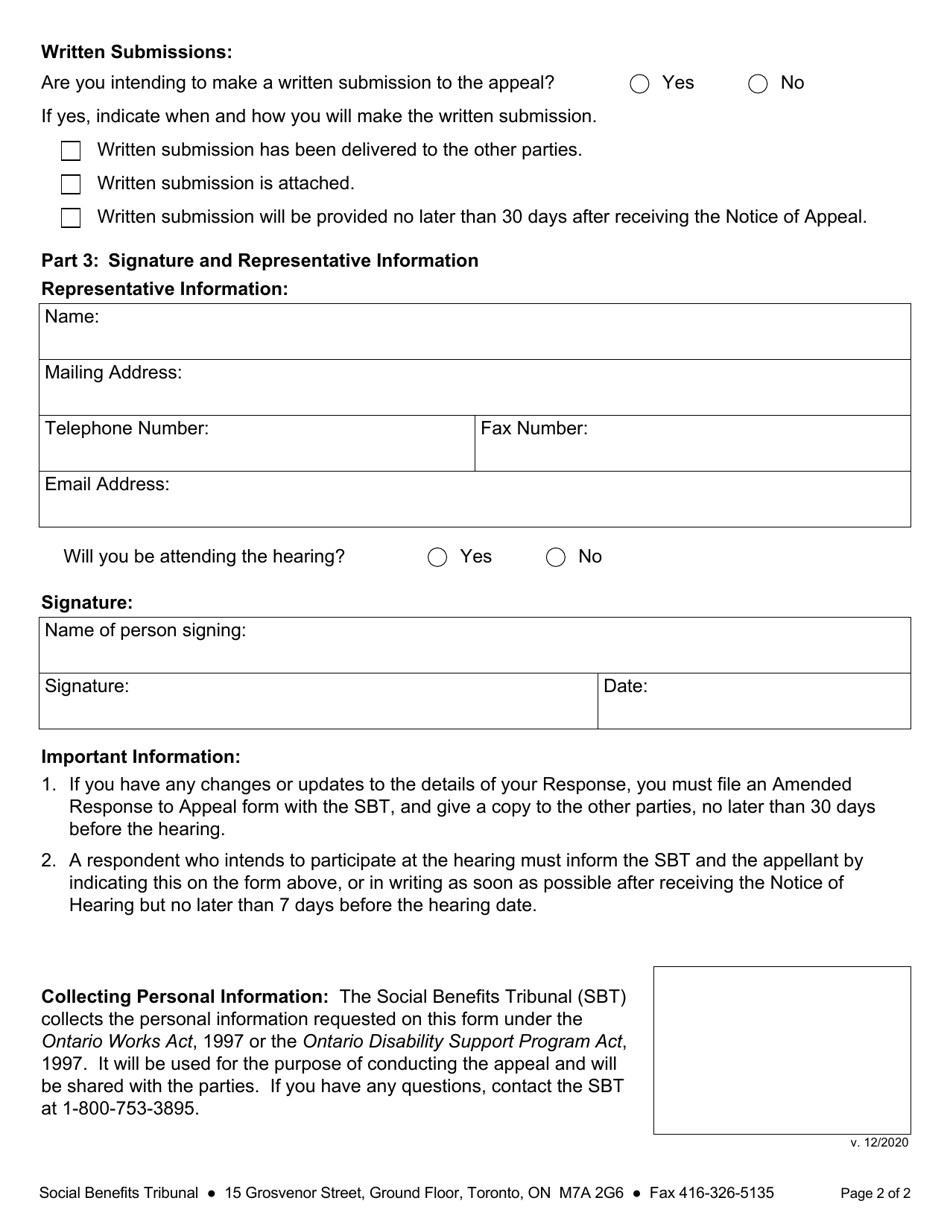 Form 3 Response to Appeal - Ontario, Canada, Page 3