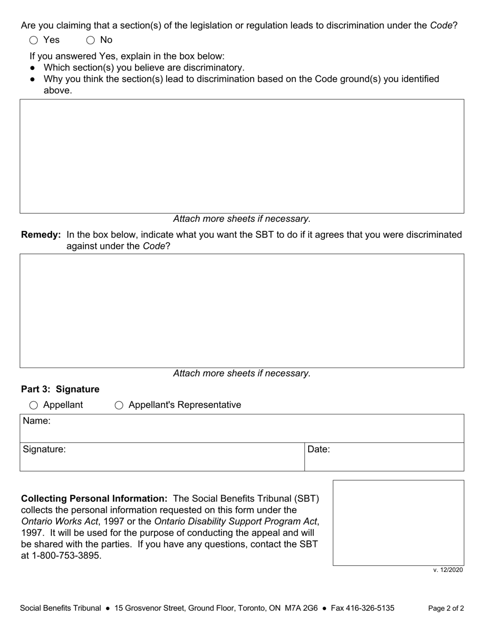 Form 4 Notice of Human Rights Code Claim - Ontario, Canada, Page 2