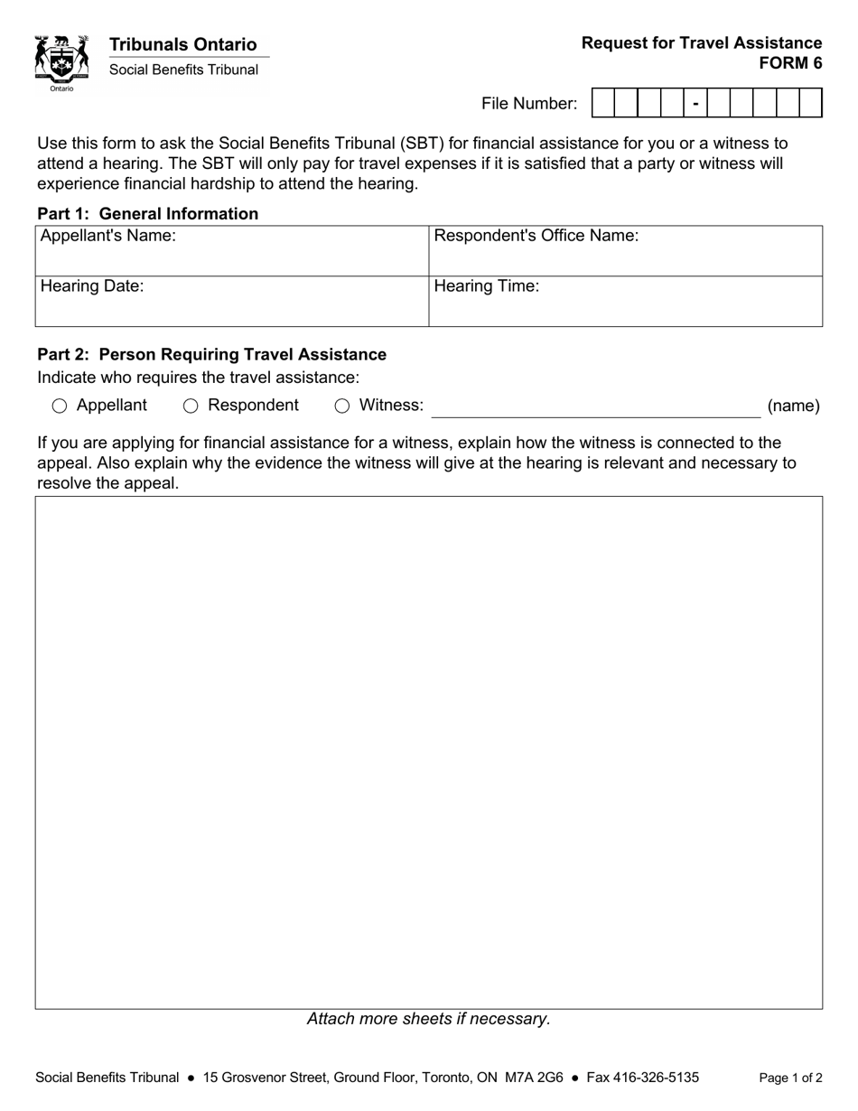 Form 6 Request for Travel Assistance - Ontario, Canada, Page 1